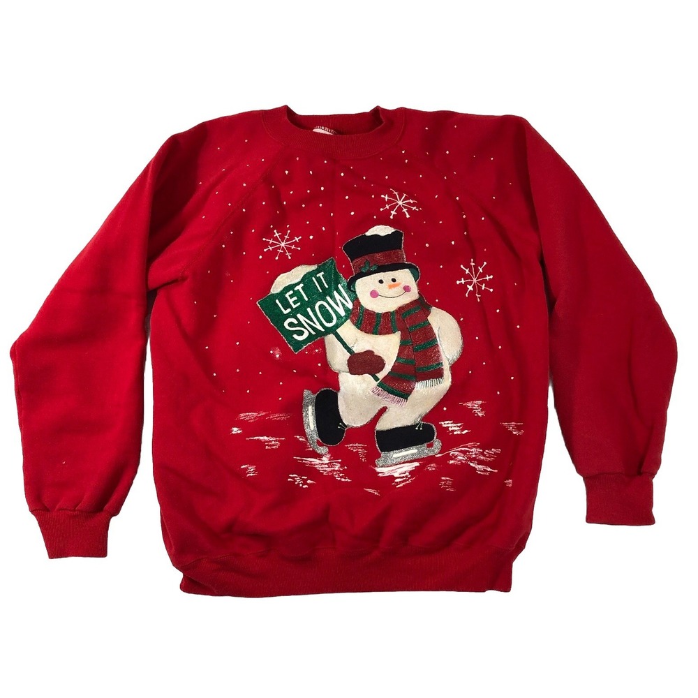 Hanes Her Way Sweatshirt Women XL Red White Christmas Snowman "Let it Snow" VTG